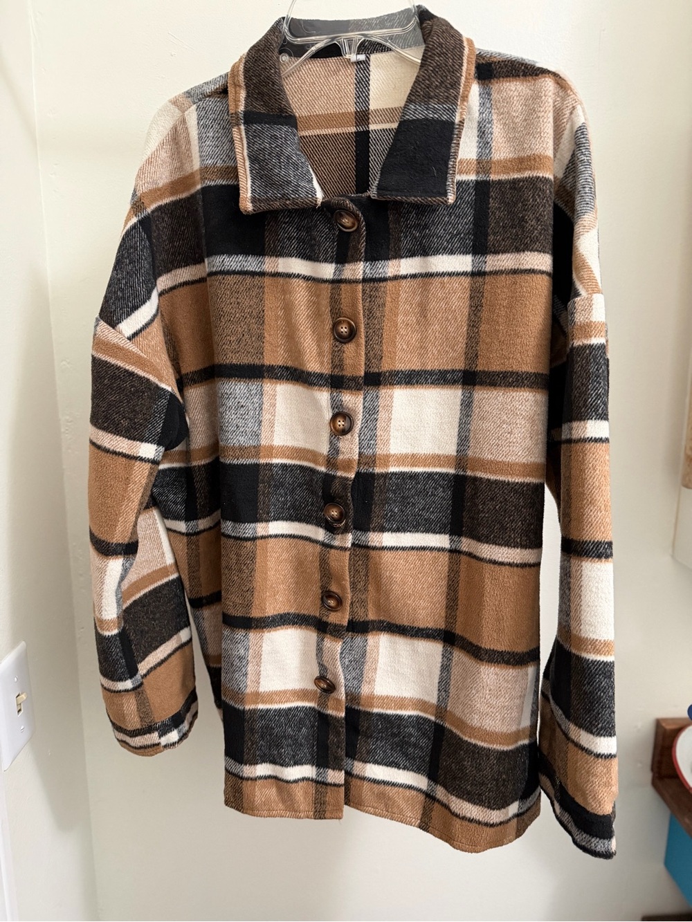 Women’s Plaid Button-Up Shacket in Camel, Black & White